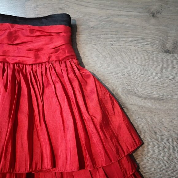 Women's Vintage Upcycled Taffeta RED Pleated Multi-tiered Mini Skirt - Picture 11 of 16